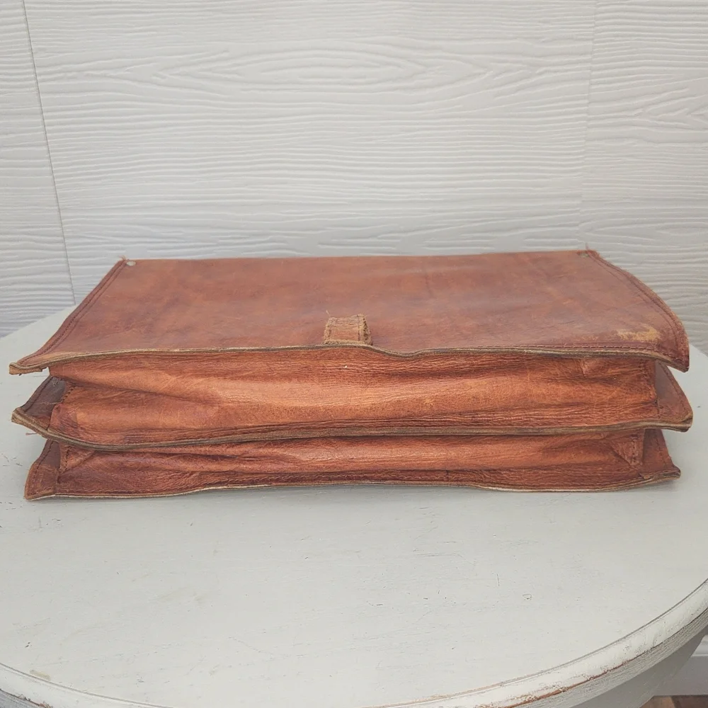Vintage Brown Leather Briefcase: Handmade Moroccan Travel Bag, 1980s